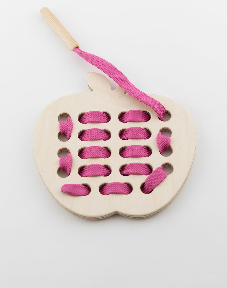 Wooden Apple Lacing Toy With Pink Lace Two Tiny Wonders