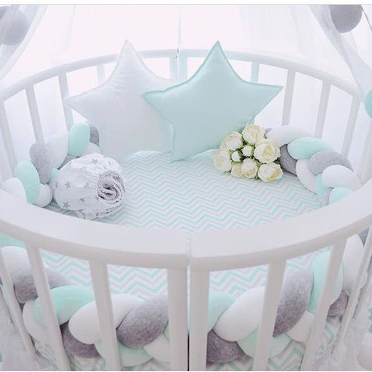 Braided Crib Bumper Tri-Color (White/Grey/Teal) 200cm