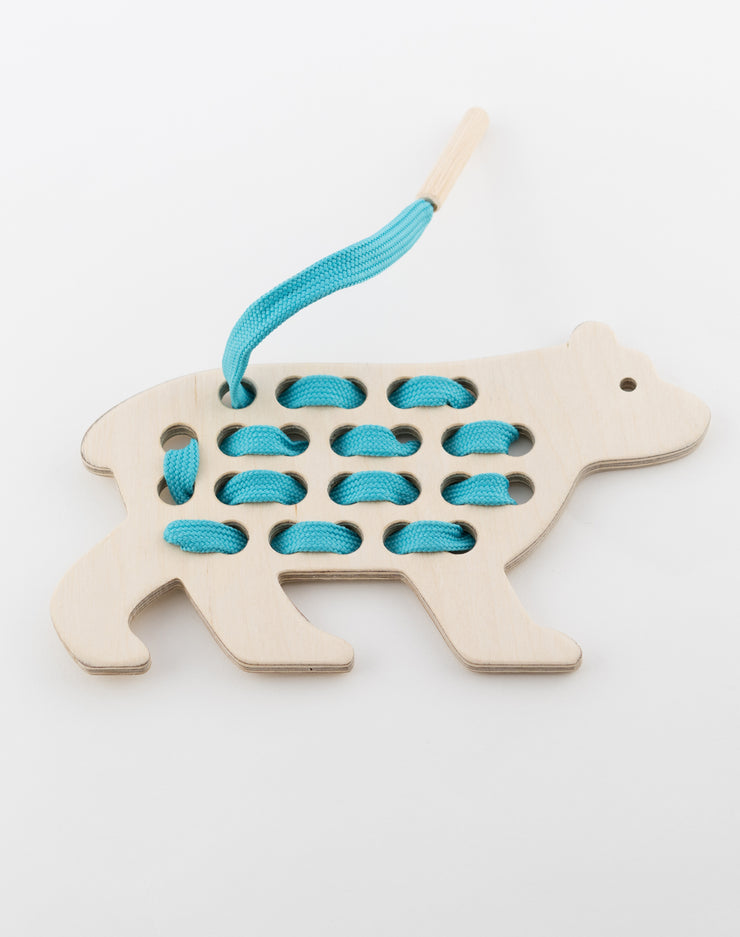 Wooden Bear Lacing Toy With Blue Lace