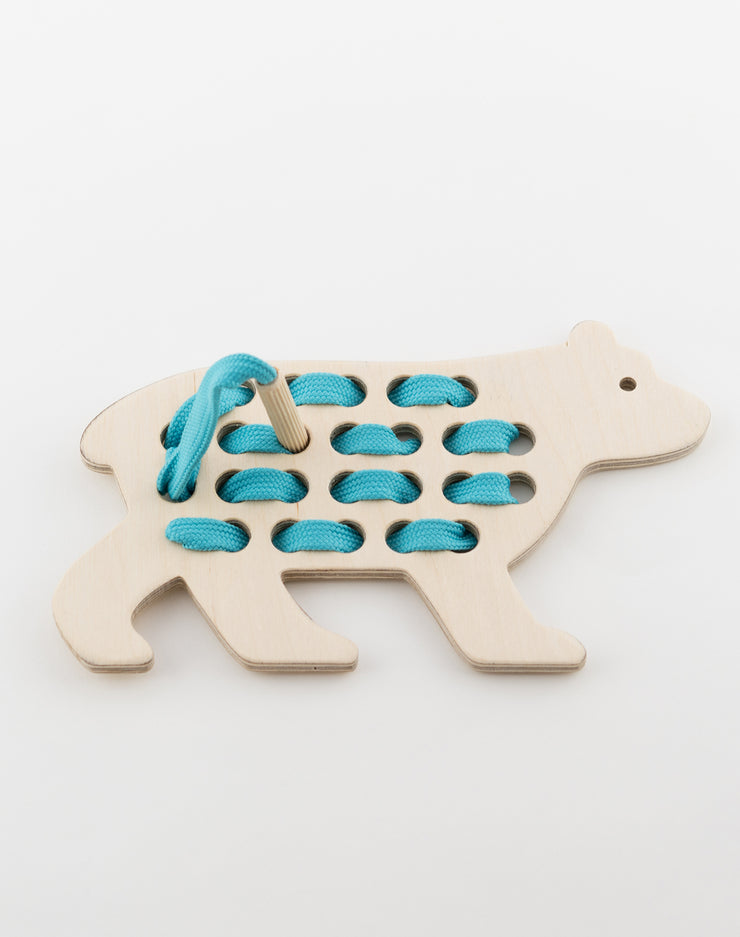 Wooden Bear Lacing Toy With Blue Lace