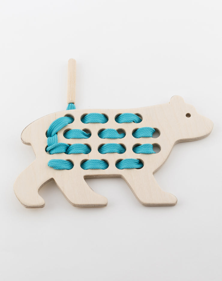 Wooden Bear Lacing Toy With Blue Lace