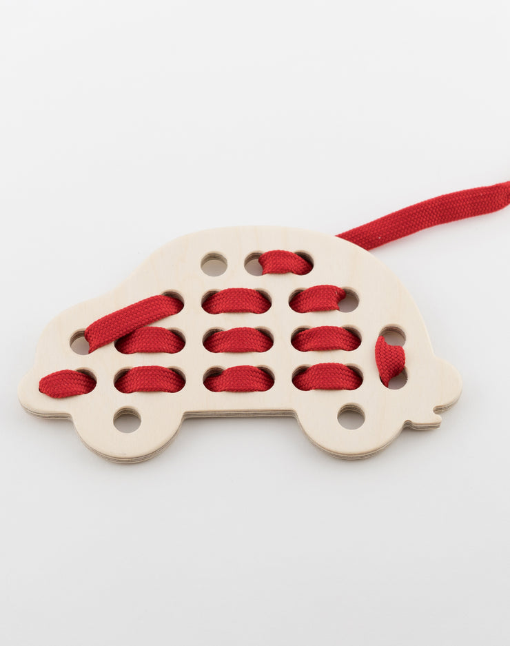 Wooden Car Lacing Toy With Red Lace