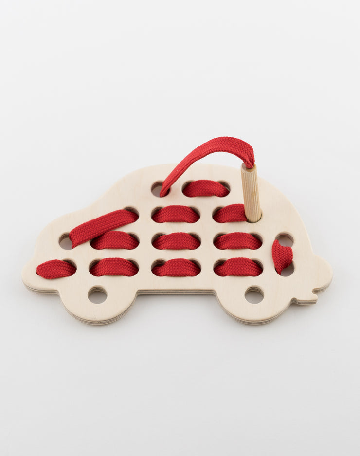 Wooden Car Lacing Toy With Red Lace