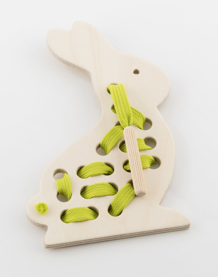 Wooden Bunny Rabbit Lacing Toy With Green Lace