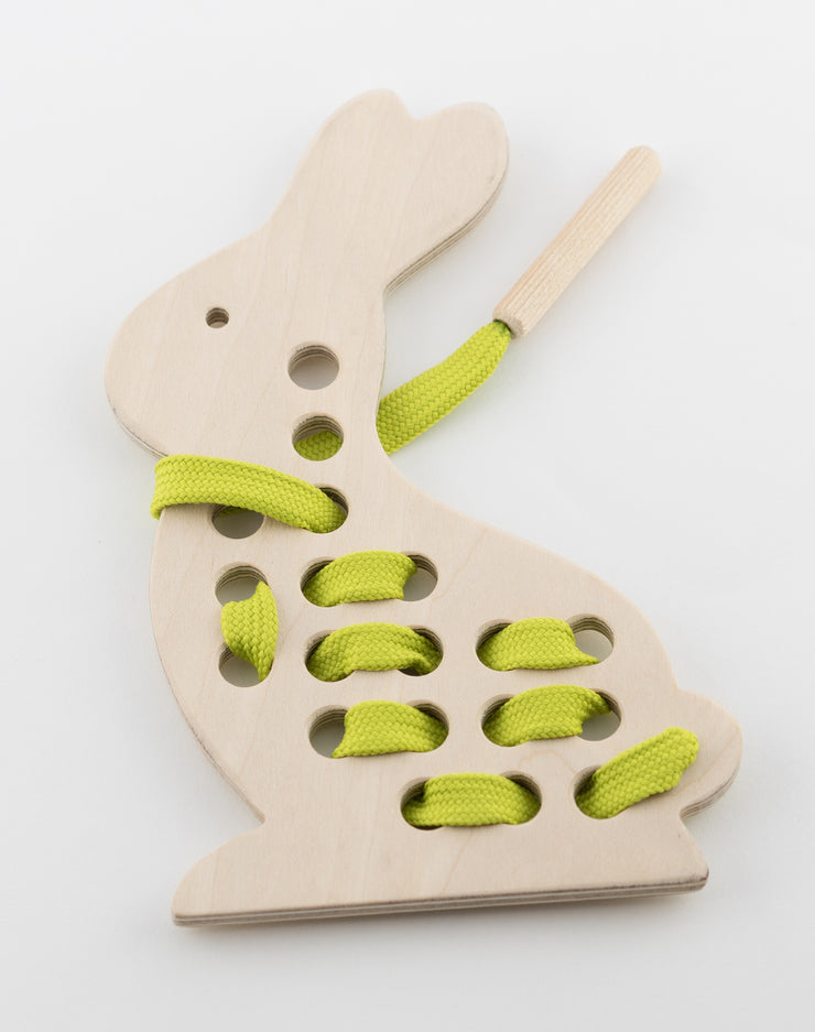 Wooden Bunny Rabbit Lacing Toy With Green Lace