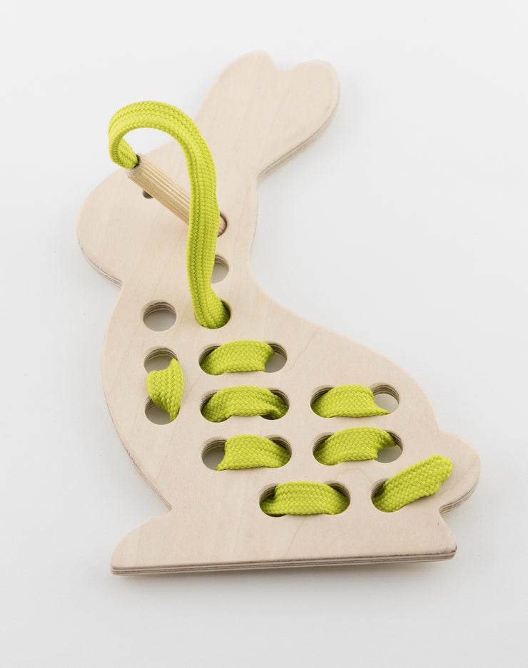 Wooden Bunny Rabbit Lacing Toy With Green Lace