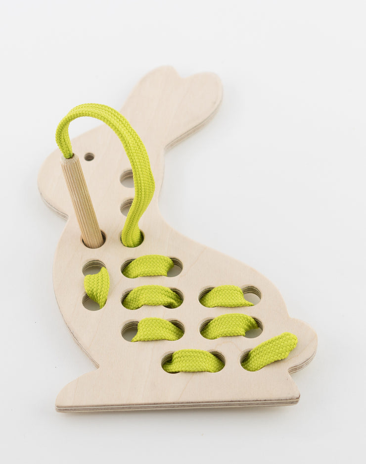 Wooden Bunny Rabbit Lacing Toy With Green Lace