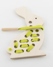 Wooden Bunny Rabbit Lacing Toy With Green Lace