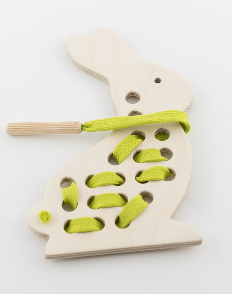 Wooden Bunny Rabbit Lacing Toy With Green Lace